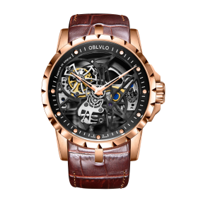 OBLVLO RM Men Watch Luxury Waterproof Watch Skeleton Black Dial Calfskin Strap Watches 