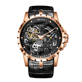 OBLVLO RM Black Dial Men Watch Luxury Waterproof Watch Skeleton  Calfskin Strap Watches