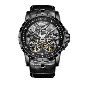 OBLVLO RM Mens Automatic Skeleton Watch Black Leather Strap Watches